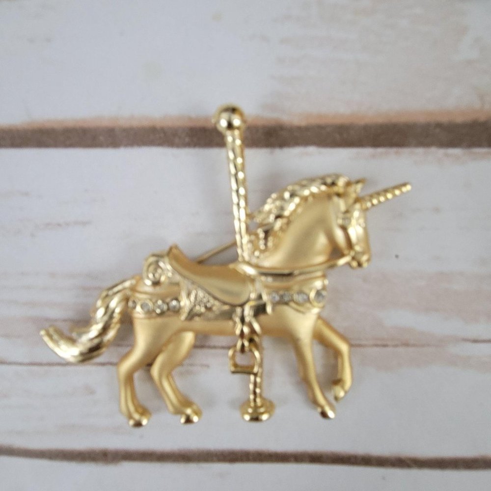 Carousel Unicorn Brooch Gold Tone Rhinestones